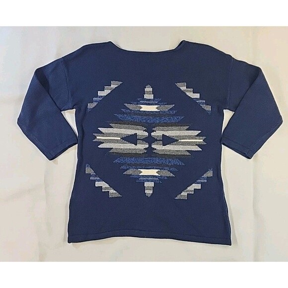 Chaps Denim Women's Sweater Top Shirt Medium Southwestern Aztec Boho Navy Blue - Picture 3 of 7